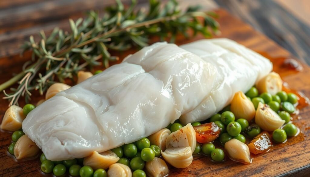 Preparación de lomos de bacalao con verduras